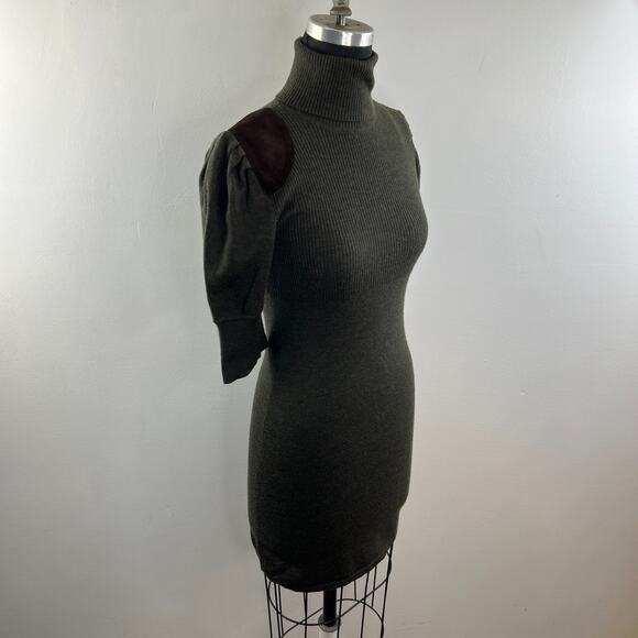 RUGBY Ralph Lauren Green Sweater Dress Suede Merino Wool Turtle Neck Sz Small S - Picture 6 of 9